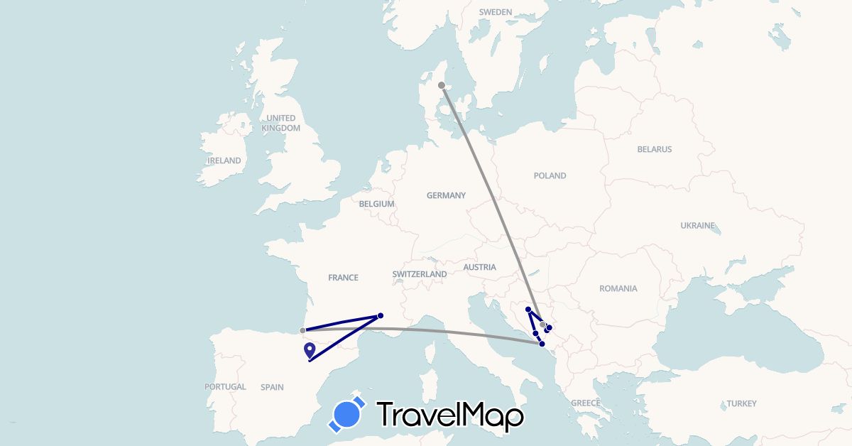 TravelMap itinerary: driving, bus, plane in Bosnia and Herzegovina, Denmark, Spain, France (Europe)